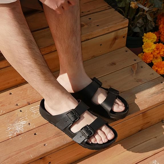 Adjustable Double-Buckle Slide Sandals – Lightweight Comfort Slippers for Indoor & Outdoor Wear